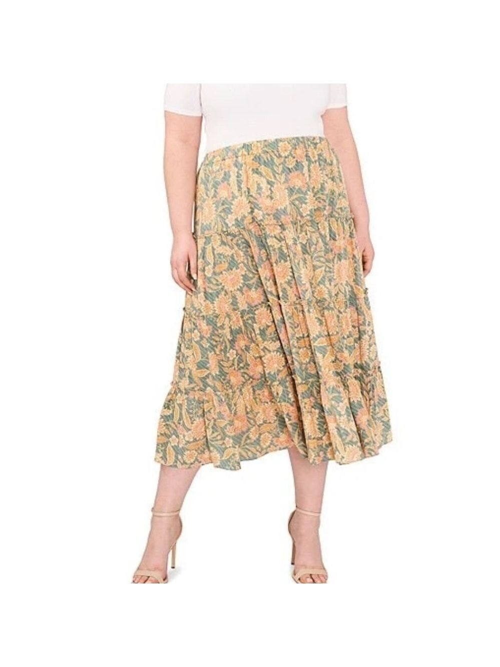 1. STATE Plus Size Chintz Vines Print Elastic Tiered Challis A-Line Midi Skirt